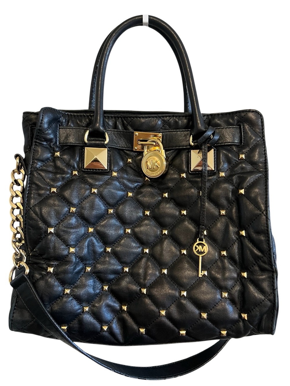 Michael Kors Black Hamilton Studded Quilted Leather Tote with Gold Hardware